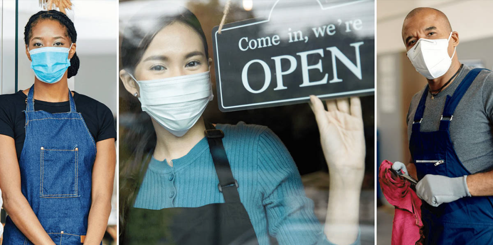 stock image of 3 workers wearing masks and reopening their businesses.