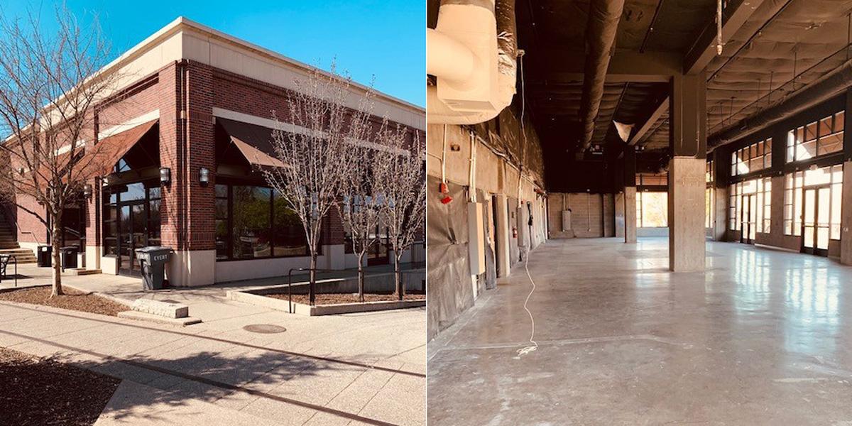 Retail Space photos of a building exterior on the left and an empty interior on the right