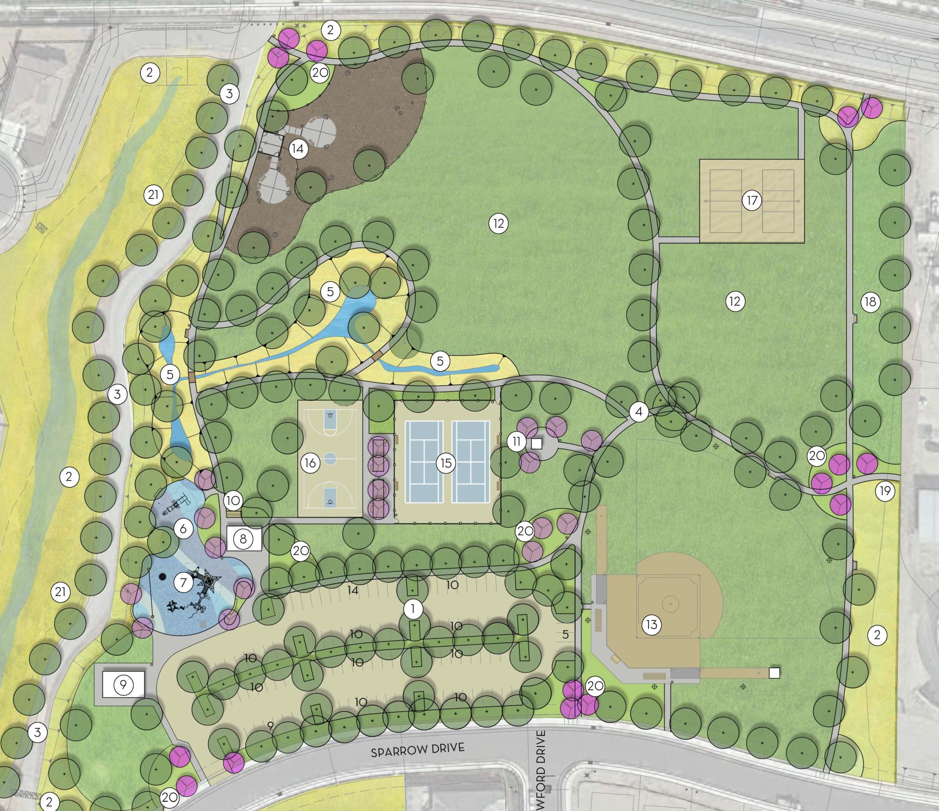 Prospector Park Master Plan layout artwork showing a map of all streets and how the park will be designed