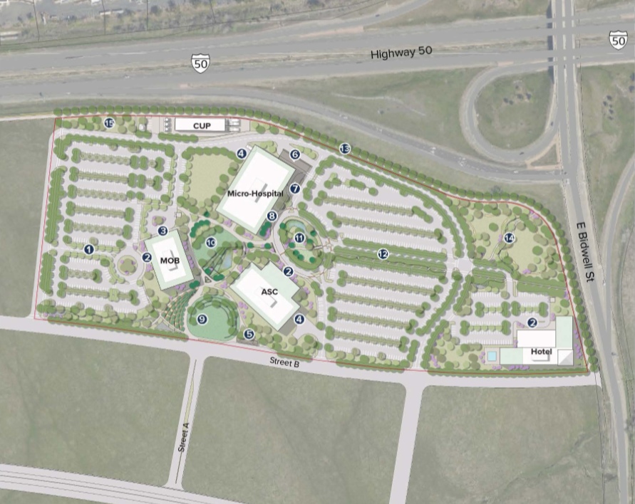 overhead map of various buildings including a CUP, MOB, ASC, Micro-Hospital, Hotel, and a lot of trees, grass, and parking