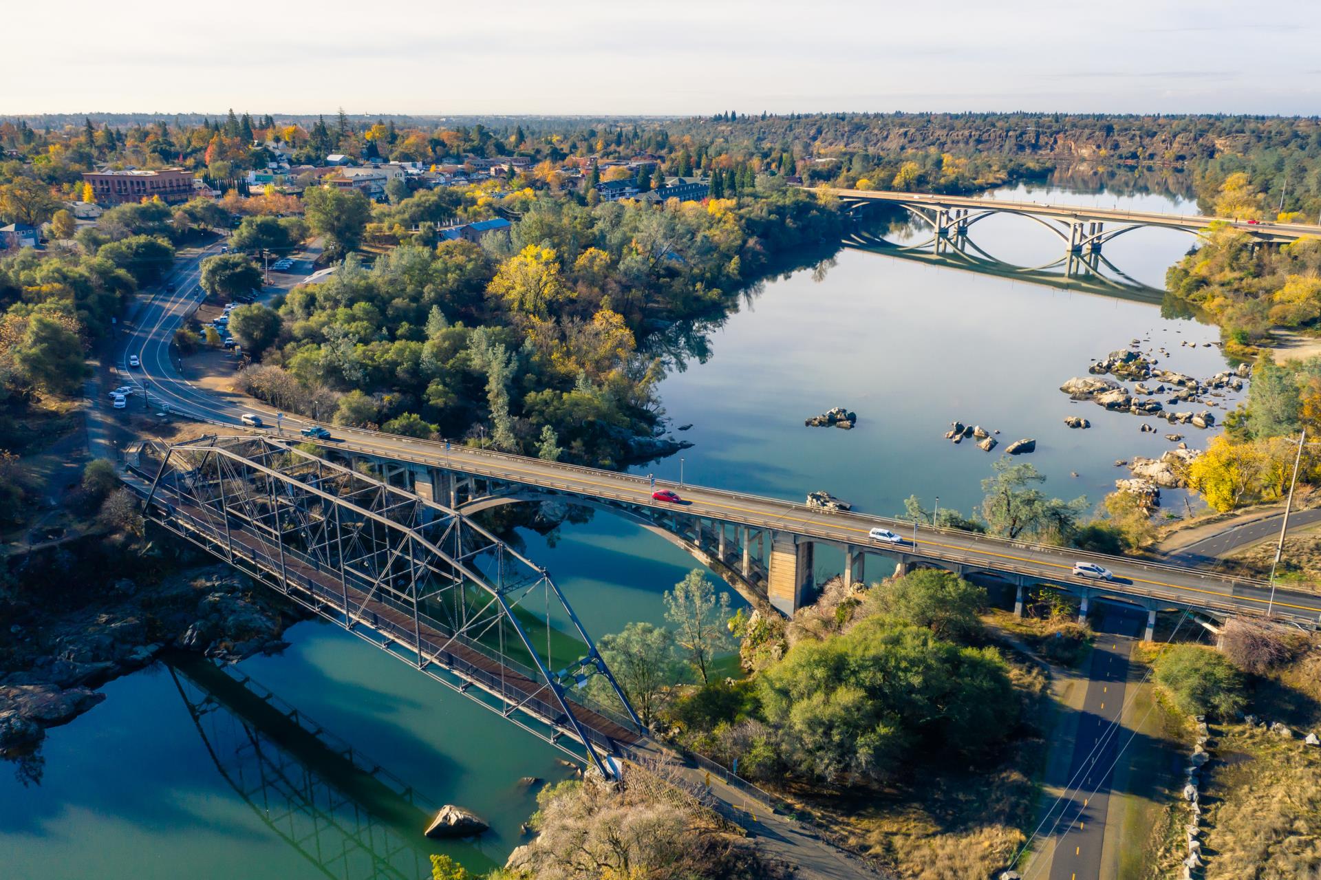 Historic District Aerial photo overlooking Historic Folsom, trees, nature, the 3 bridges, and the river/lake