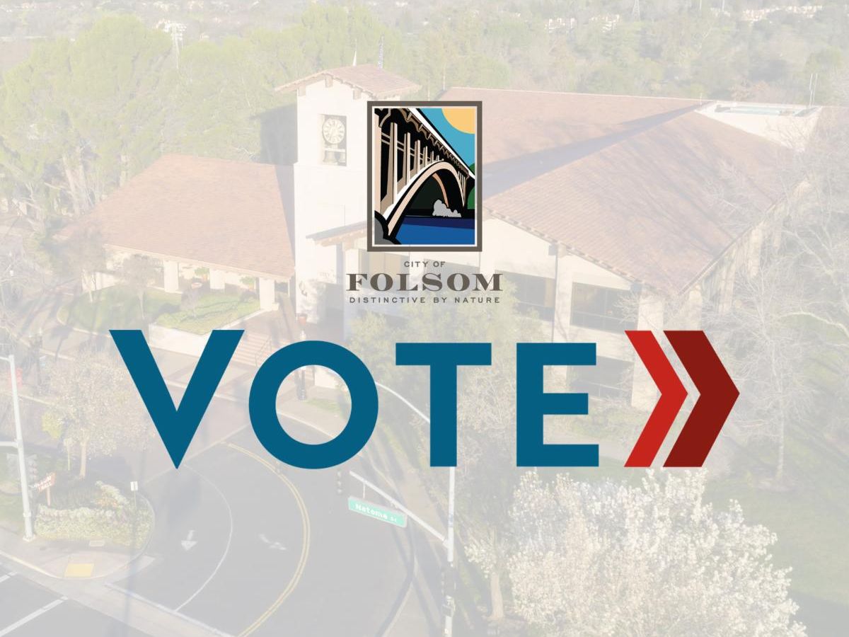 Graphic with the City of Folsom logo and the word 'VOTE' in large letters, featuring a red arrow pointing to the right.